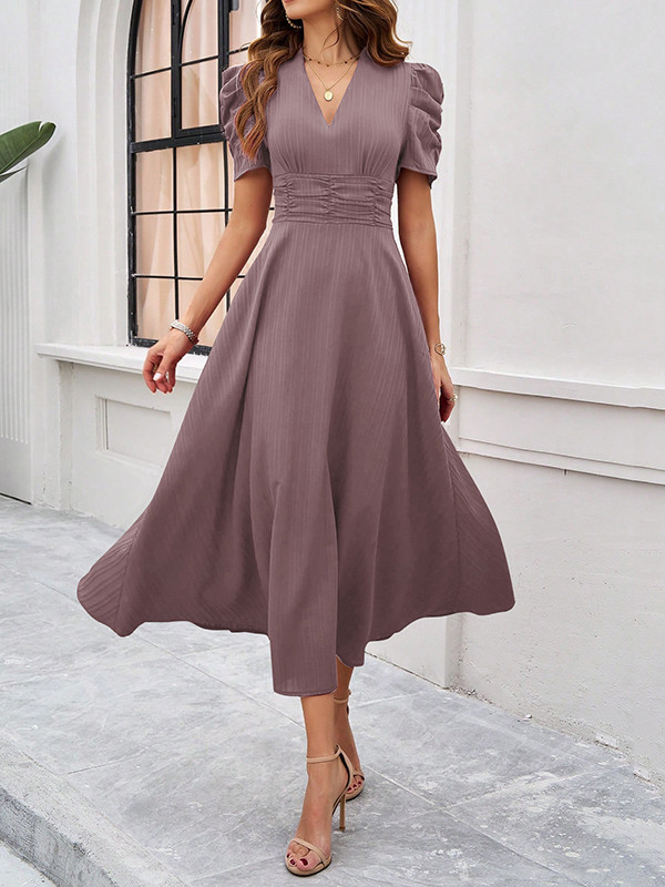 Pleated Solid Color Zipper A-Line High Waisted V-Neck Maxi Dresses