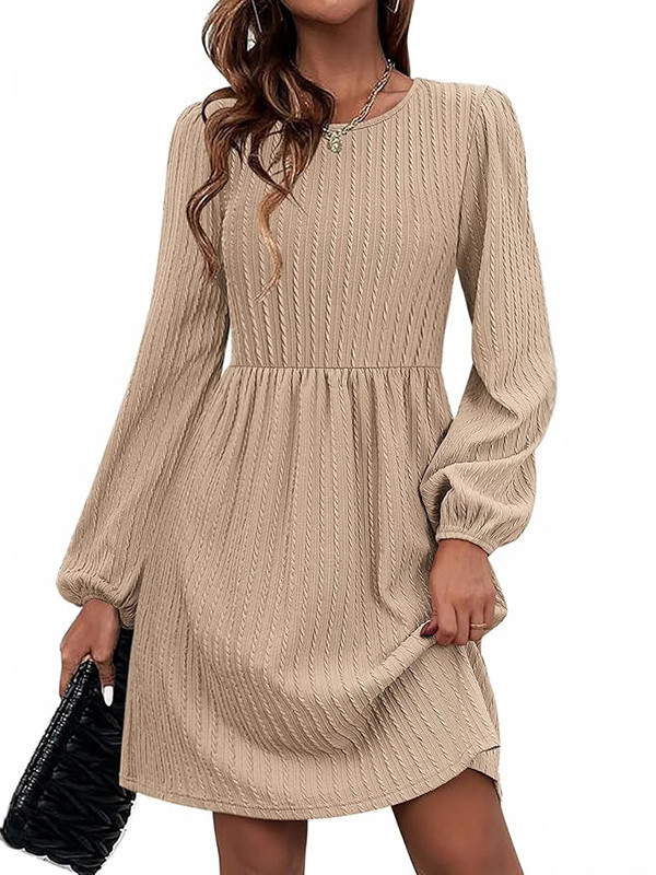 Jacquard Solid Color A-Line Long Sleeves Round-Neck Mini Dresses