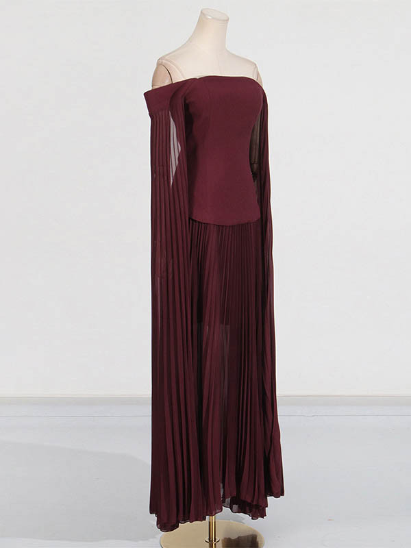 Off-The-Shoulder Flared Sleeves Solid Color Split-Joint Zipper Blouses&Shirts Tops + Pleated A-Line Skirts Bottom Two Pieces Set