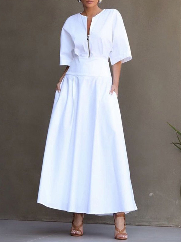 Solid Color Zipper Half Sleeves Loose Round-Neck Maxi Dresses