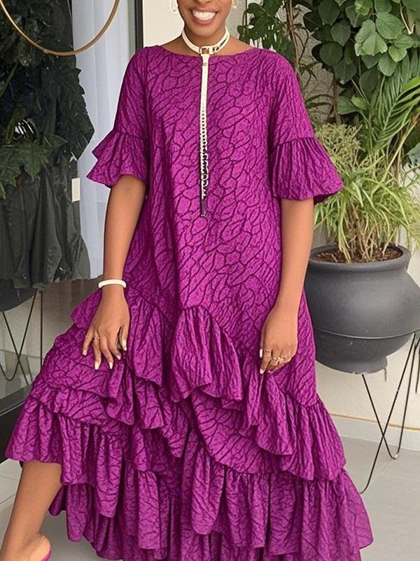 Layered Pleated Printed Ruffle Trim Flared Sleeves Half Sleeves Round-Neck Maxi Dresses