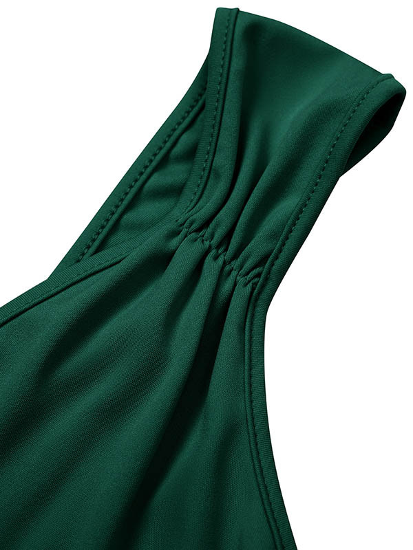Pleated Solid Color Split-front Zipper Bodycon Sleeveless V-neck Midi Dresses