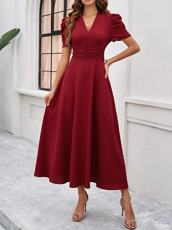 Pleated Solid Color Zipper A-Line High Waisted V-Neck Maxi Dresses