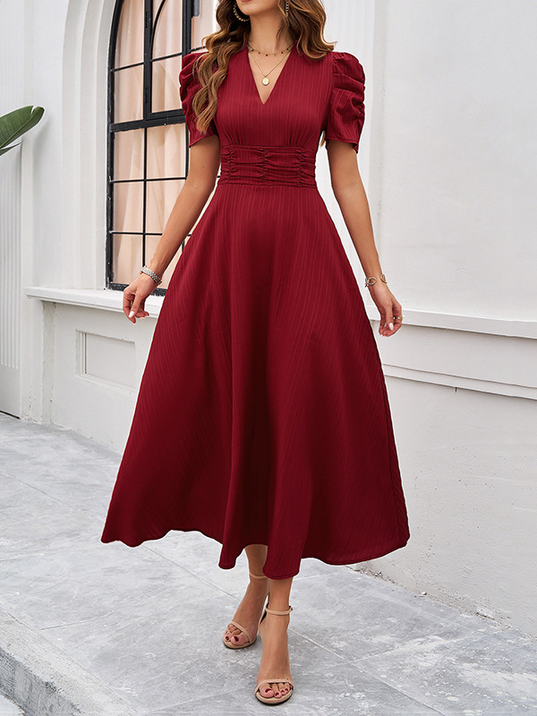Pleated Solid Color Zipper A-Line High Waisted V-Neck Maxi Dresses