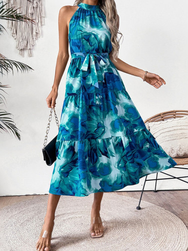 Hollow Pleated Printed Split-Joint Tied Waist Loose Sleeveless Round-Neck Midi Dresses