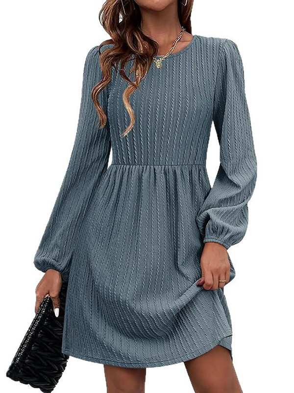 Jacquard Solid Color A-Line Long Sleeves Round-Neck Mini Dresses