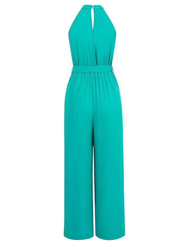 Pleated Solid Color Split-Front Tied Waist High Waisted Loose Halter-Neck Jumpsuits