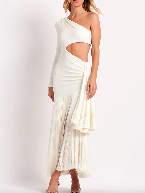 Pleated Solid Color Tasseled Bodycon Sleeveless One-Shoulder Maxi Dresses