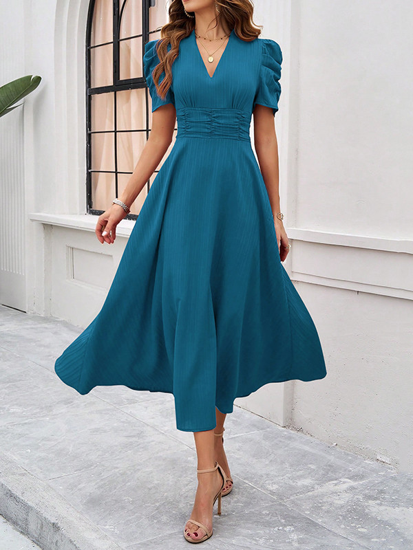 Pleated Solid Color Zipper A-Line High Waisted V-Neck Maxi Dresses