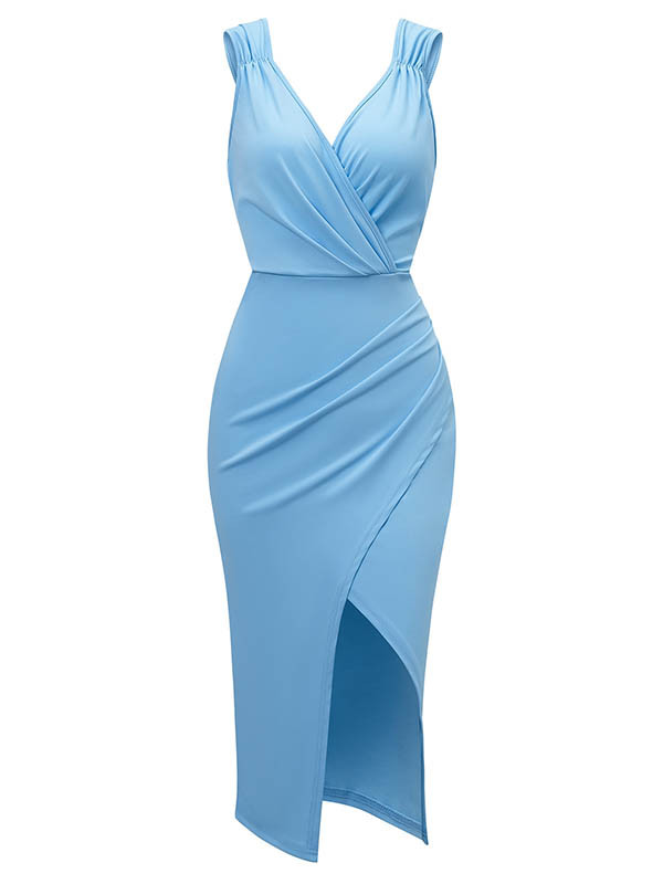 Pleated Solid Color Split-front Zipper Bodycon Sleeveless V-neck Midi Dresses