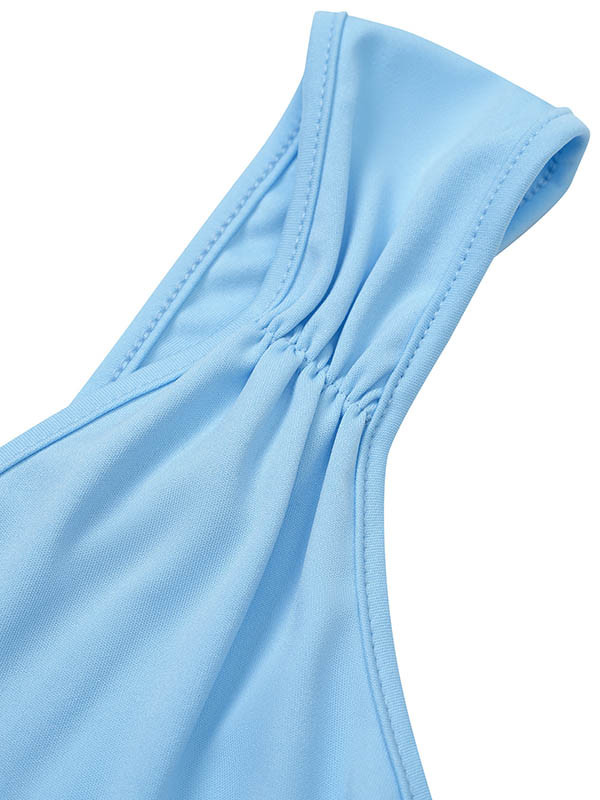 Pleated Solid Color Split-front Zipper Bodycon Sleeveless V-neck Midi Dresses