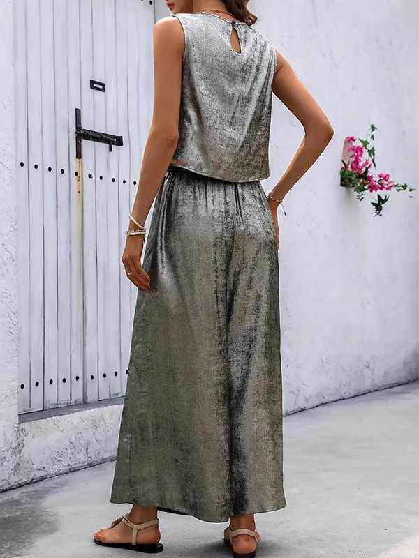Hollow Shiny Split-Joint Loose Sleeveless Round-neck Two Pieces Set