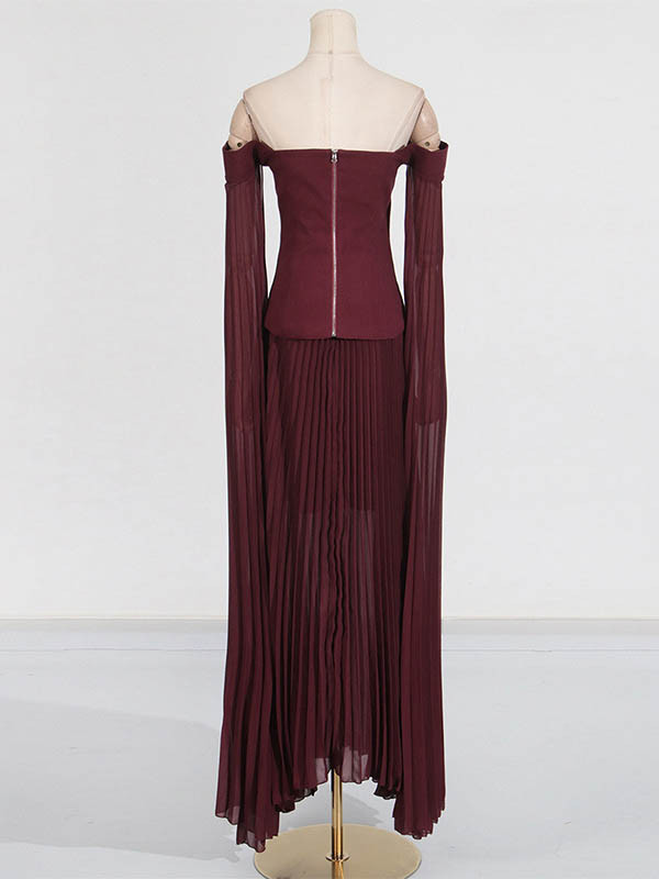 Off-The-Shoulder Flared Sleeves Solid Color Split-Joint Zipper Blouses&Shirts Tops + Pleated A-Line Skirts Bottom Two Pieces Set