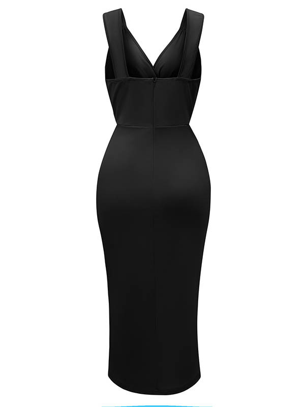 Pleated Solid Color Split-front Zipper Bodycon Sleeveless V-neck Midi Dresses