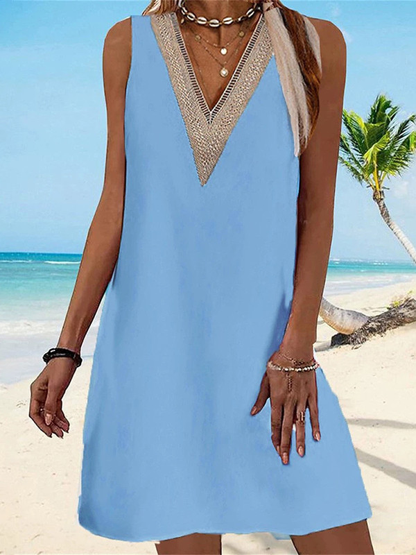 Hollow Split-Joint A-line Loose V-neck Mini Dresses