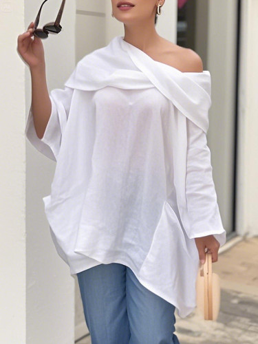 Asymmetric Pockets See-Through Solid Color Long Sleeves Loose Blouses&shirts Tops