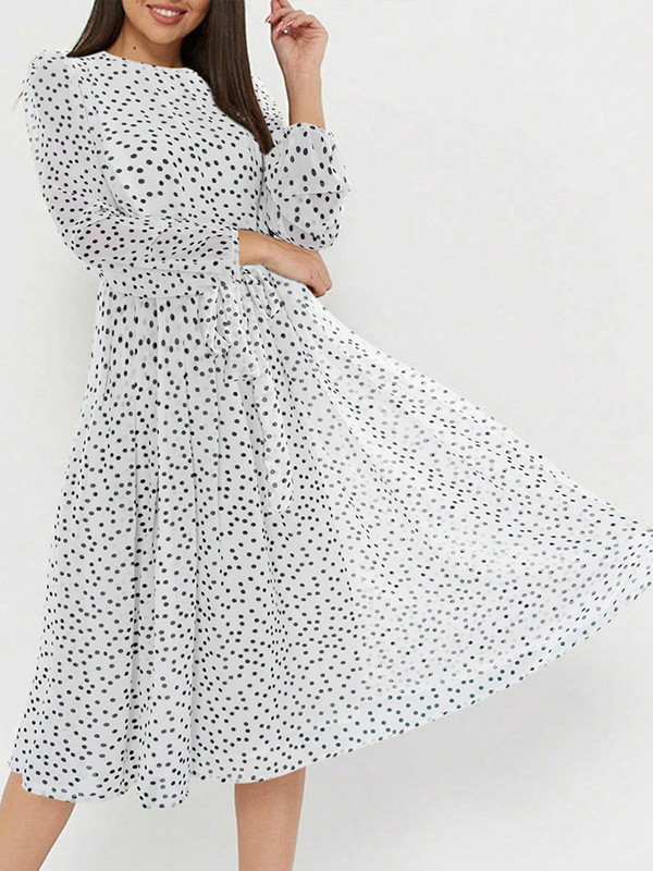 Polka-Dot Tied Waist A-Line High Waisted Round-Neck Midi Dresses