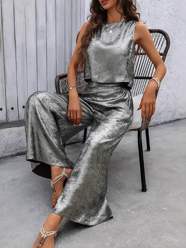 Hollow Shiny Split-Joint Loose Sleeveless Round-neck Two Pieces Set