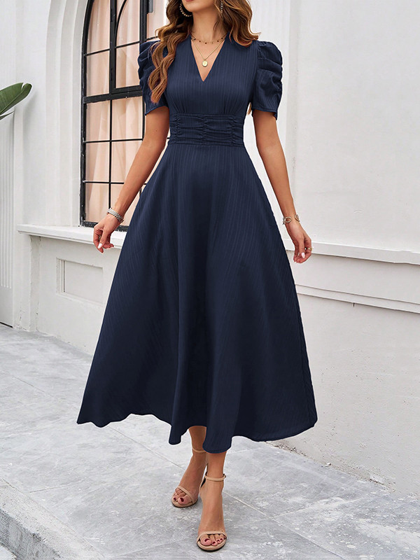 Pleated Solid Color Zipper A-Line High Waisted V-Neck Maxi Dresses