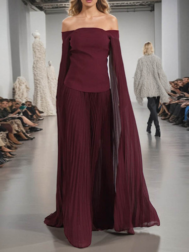 Off-The-Shoulder Flared Sleeves Solid Color Split-Joint Zipper Blouses&Shirts Tops + Pleated A-Line Skirts Bottom Two Pieces Set