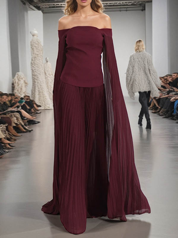 Off-The-Shoulder Flared Sleeves Solid Color Split-Joint Zipper Blouses&Shirts Tops + Pleated A-Line Skirts Bottom Two Pieces Set