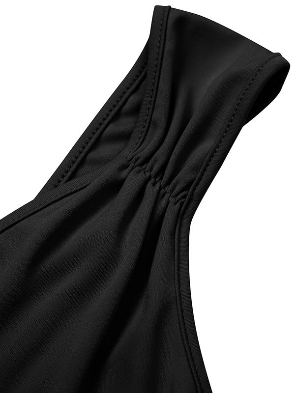 Pleated Solid Color Split-front Zipper Bodycon Sleeveless V-neck Midi Dresses