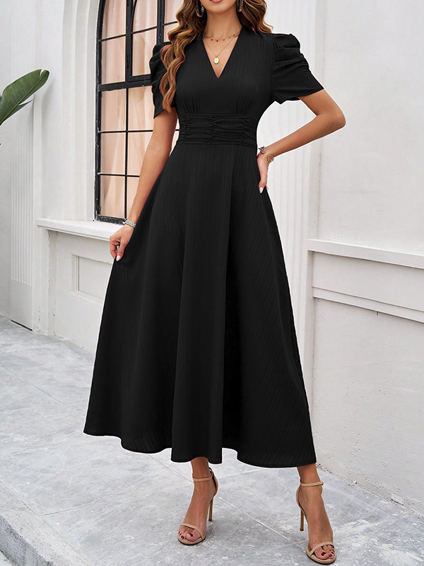 Pleated Solid Color Zipper A-Line High Waisted V-Neck Maxi Dresses