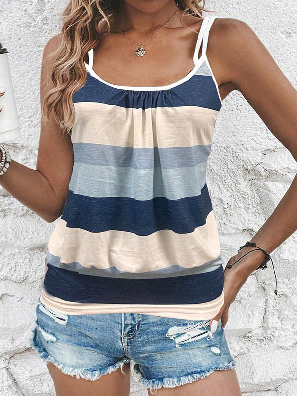Contrast Color Pleated Loose Sleeveless Spaghetti-Neck Vest Top