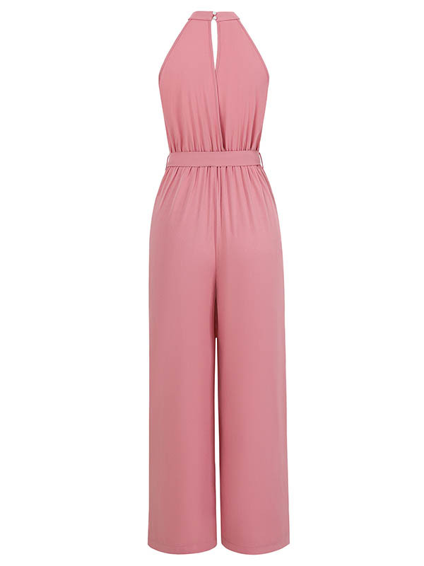 Pleated Solid Color Split-Front Tied Waist High Waisted Loose Halter-Neck Jumpsuits