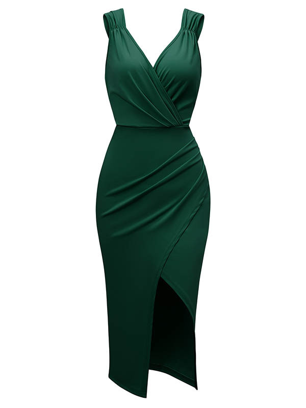 Pleated Solid Color Split-front Zipper Bodycon Sleeveless V-neck Midi Dresses
