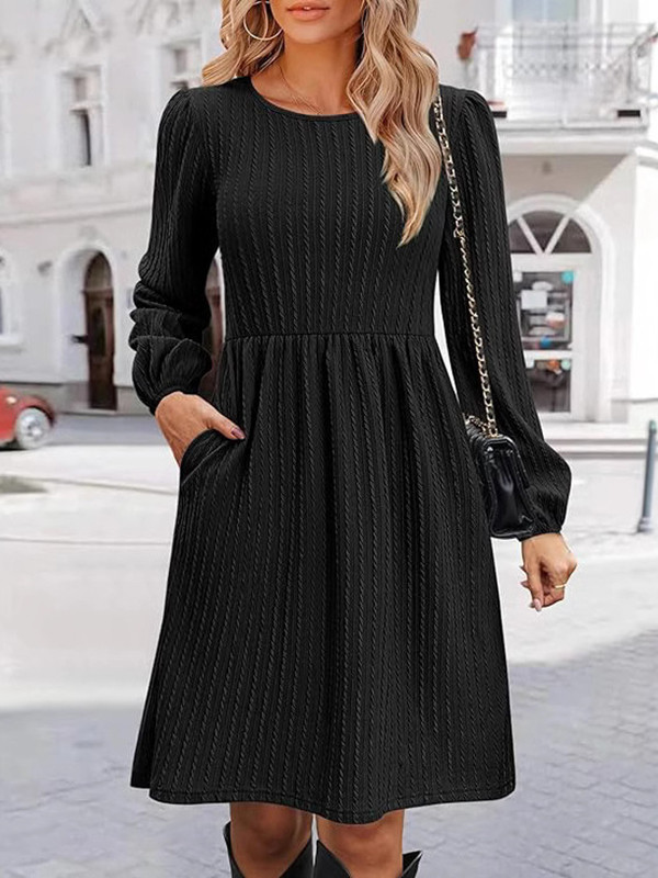 Jacquard Solid Color A-Line Long Sleeves Round-Neck Mini Dresses