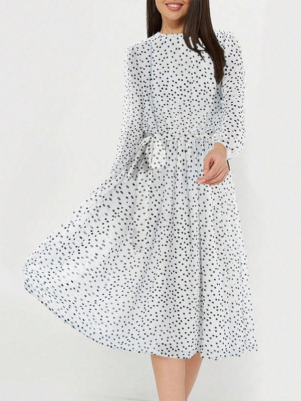 Polka-Dot Tied Waist A-Line High Waisted Round-Neck Midi Dresses