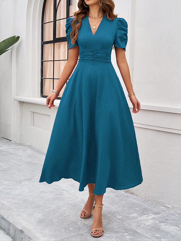 Pleated Solid Color Zipper A-Line High Waisted V-Neck Maxi Dresses