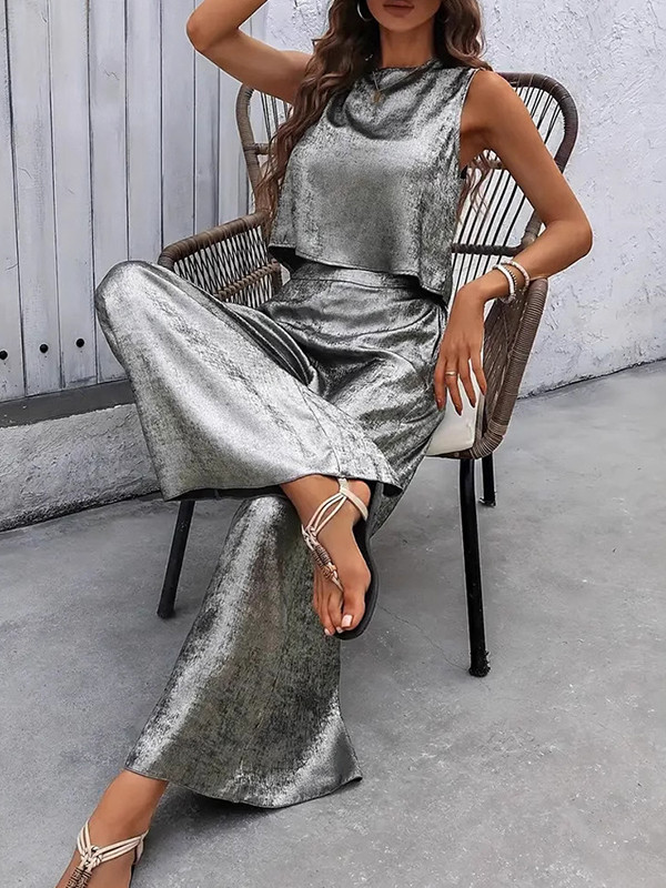 Hollow Shiny Split-Joint Loose Sleeveless Round-neck Two Pieces Set