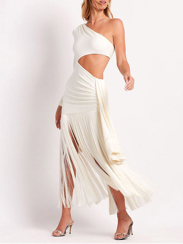 Pleated Solid Color Tasseled Bodycon Sleeveless One-Shoulder Maxi Dresses