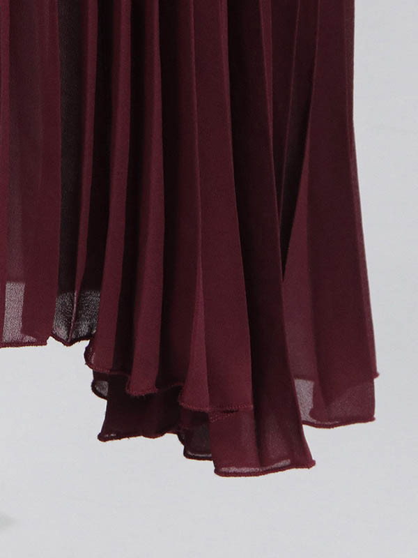 Off-The-Shoulder Flared Sleeves Solid Color Split-Joint Zipper Blouses&Shirts Tops + Pleated A-Line Skirts Bottom Two Pieces Set