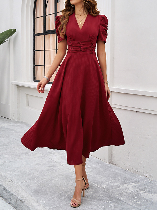 Pleated Solid Color Zipper A-Line High Waisted V-Neck Maxi Dresses
