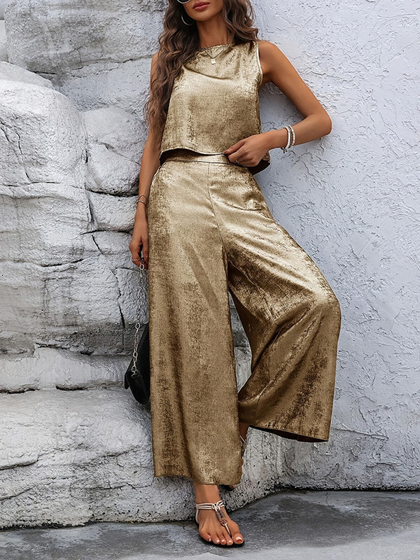 Hollow Shiny Split-Joint Loose Sleeveless Round-neck Two Pieces Set