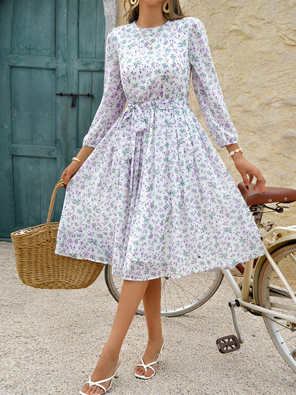 Flower Print Tied Waist A-Line High Waisted Round-Neck Midi Dresses