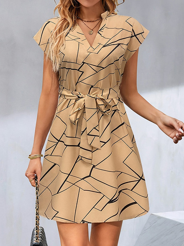 Printed Tied Waist A-Line Loose V-Neck Mini Dresses