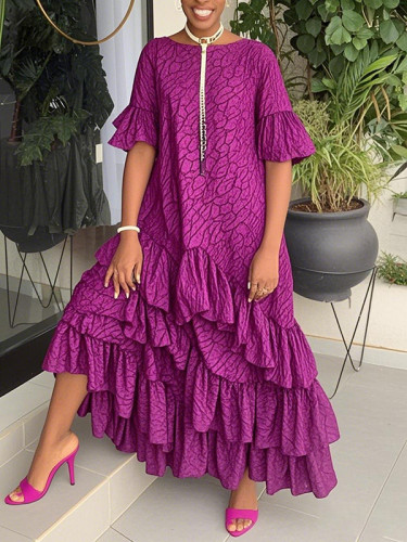 Layered Pleated Printed Ruffle Trim Flared Sleeves Half Sleeves Round-Neck Maxi Dresses