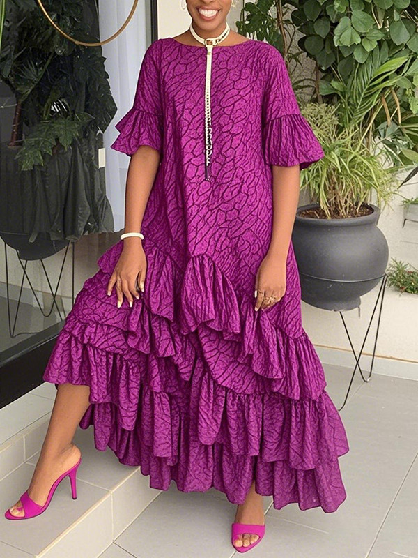 Layered Pleated Printed Ruffle Trim Flared Sleeves Half Sleeves Round-Neck Maxi Dresses