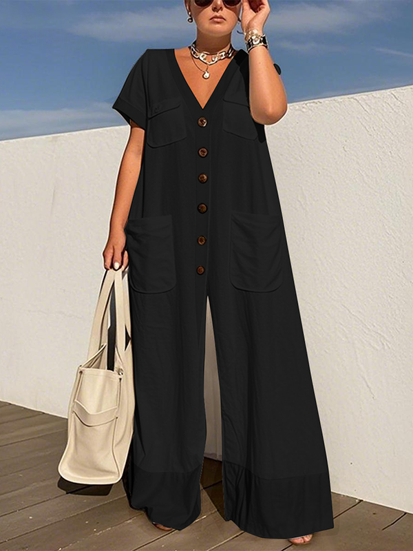 Buttoned Pockets Solid Color Loose Short Sleeves V-neck Jumpsuits