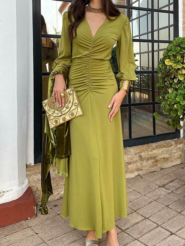 Pleated Solid Color Bodycon Nine-Minute Sleeve V-Neck Maxi Dresses