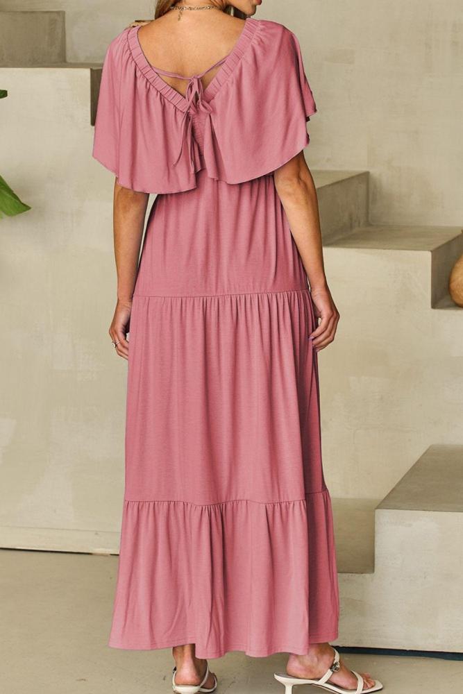 Ruffled V Neck Flutter Sleeve Maxi Dress
