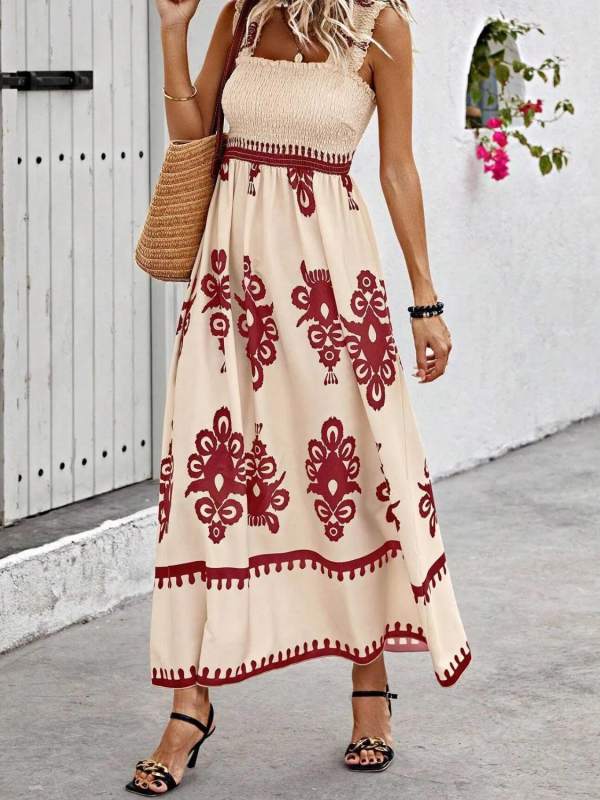 Smocked Printed Wide Strap Maxi Dress