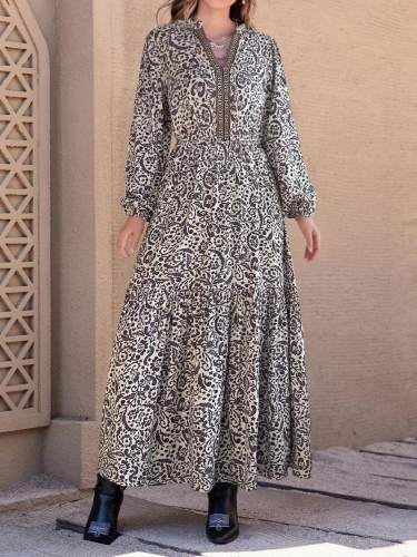 Printed Notched Long Sleeve Maxi Dress