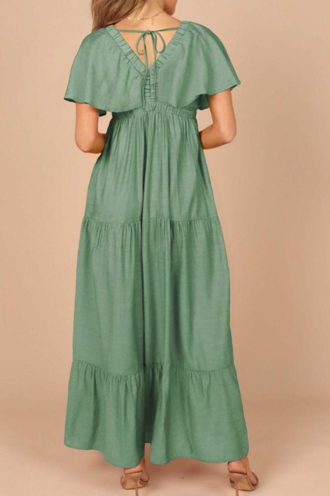 Ruffled V Neck Flutter Sleeve Maxi Dress
