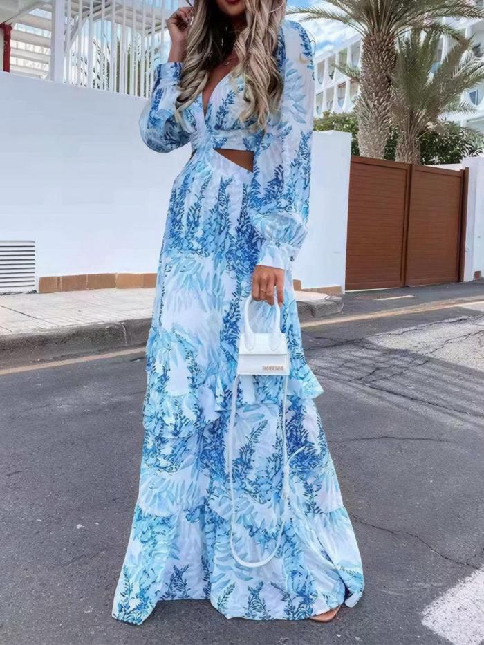 Ruffled Printed Cutout Plunge Maxi Dress
