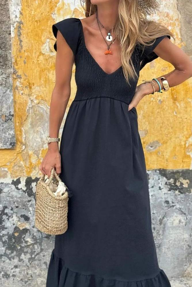 Montret V Neck Ruffled Cap Sleeve Smocked Maxi Dress